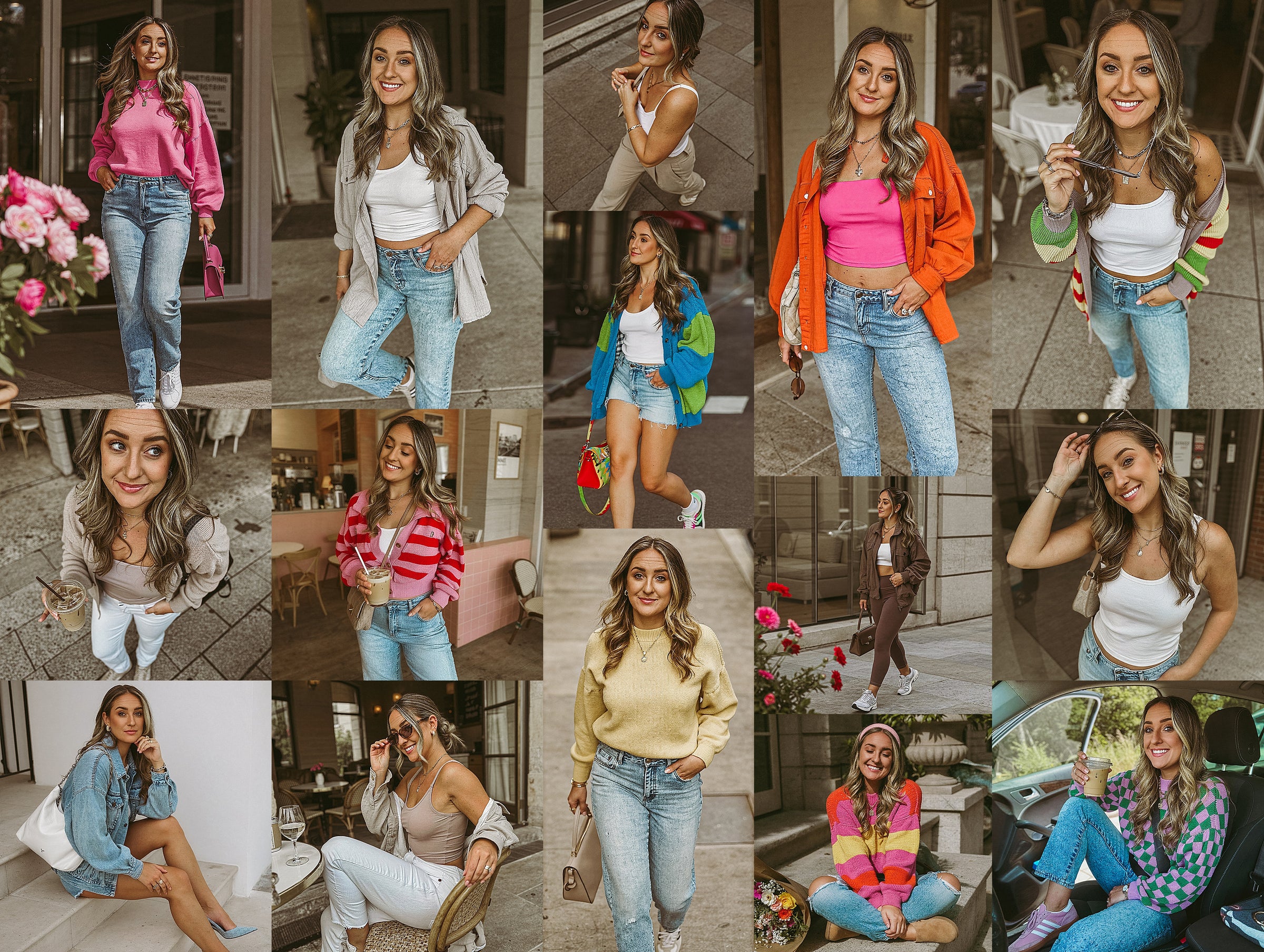 Collage of a woman in various outfits with different backgrounds