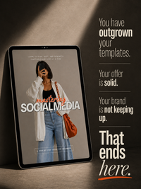 Tablet displaying a book cover titled 'Mastering Social Media' with text about outgrowing templates and keeping up with brand.