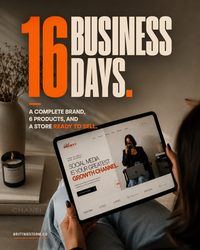 Person holding a tablet with a website on it, with text about 16 business days and brand/product information.