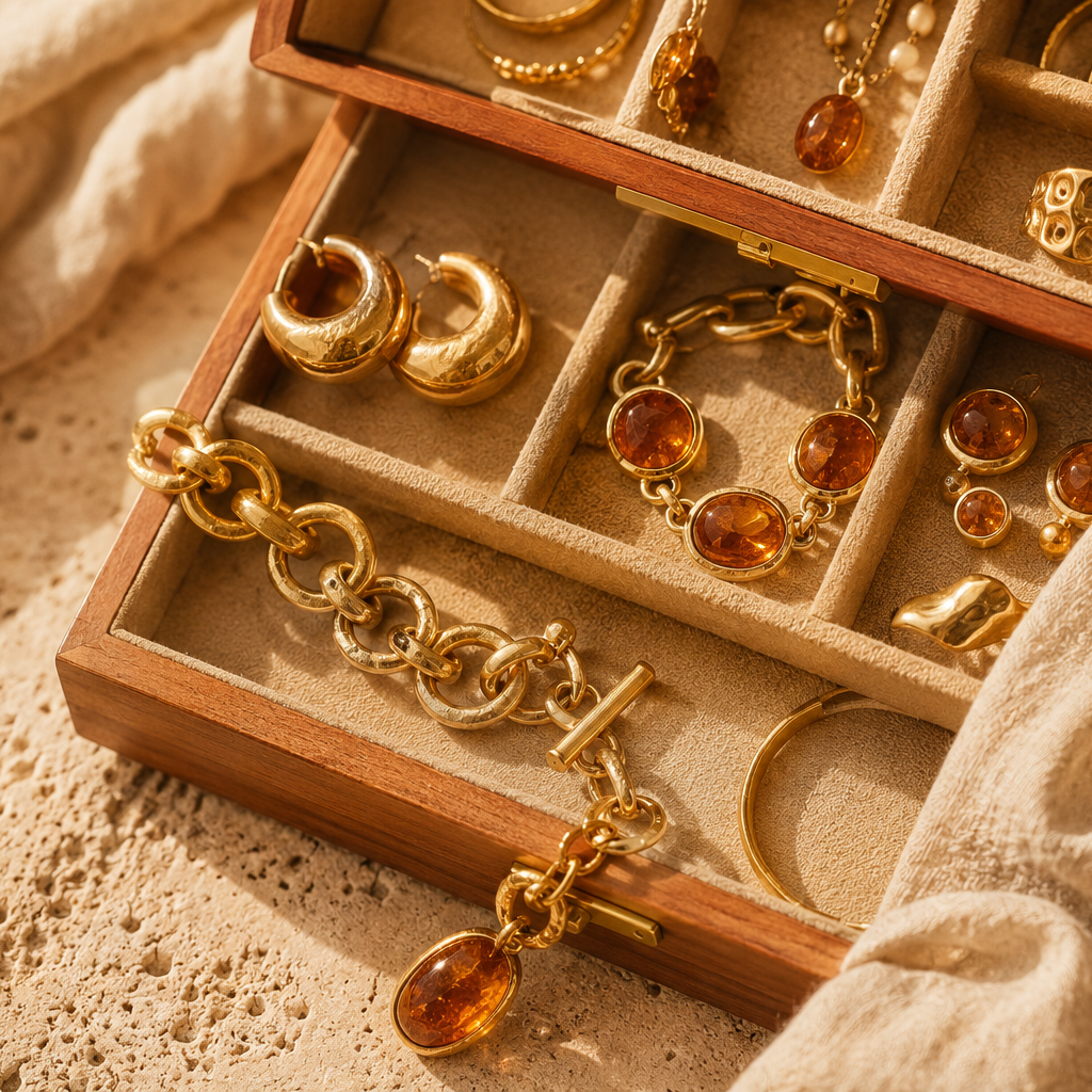 Wooden jewelry box with gold and amber-colored jewelry on a textured beige surface.